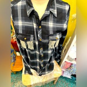 Navy plaid western fringe shirt